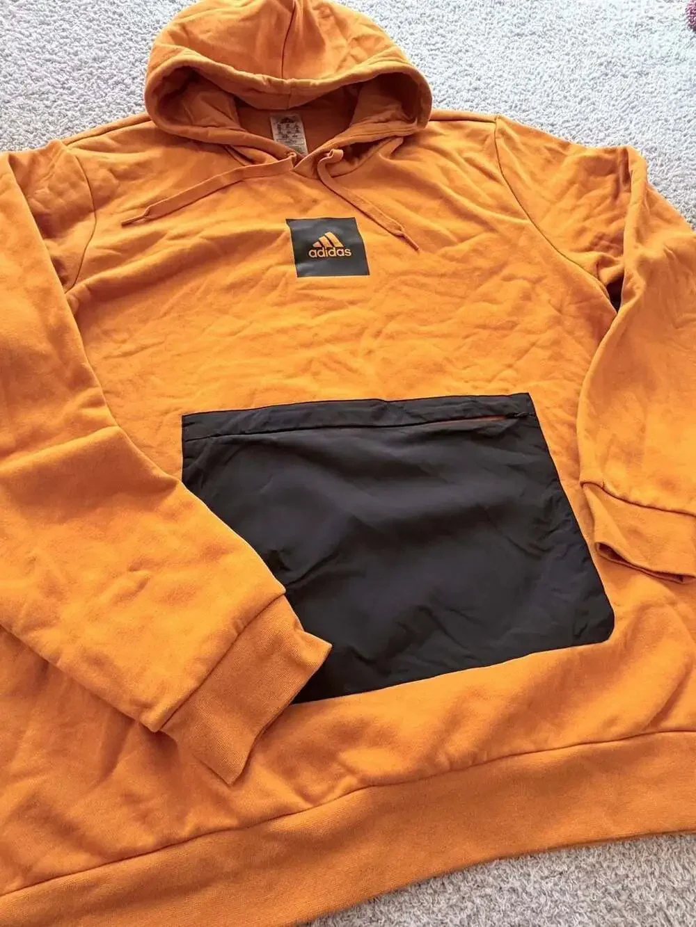 Adidas Sweatshirt Men Large Orange Logo Pullover Hoodie Athletic Gym Run Trefoil